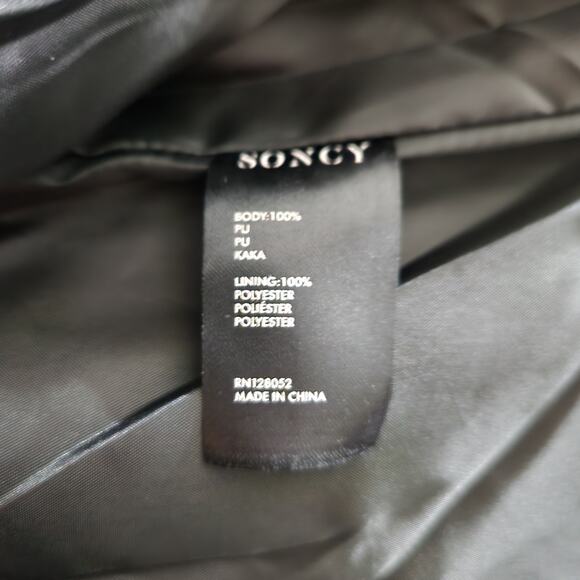 Soncy Moto Faux Leather Jacket Zip Accents Collared Black Women's Size 10 New - Picture 11 of 13